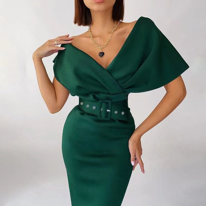 Women's Off-Shoulder Bodycon Midi Dress Belted Structured Wrap Cape-Sleeve Elegant