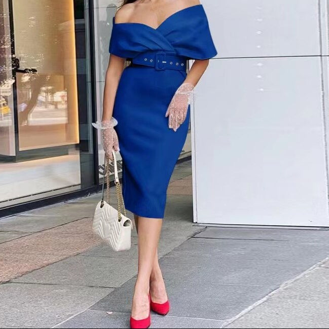 Women's Off-Shoulder Bodycon Midi Dress Belted Structured Wrap Cape-Sleeve Elegant