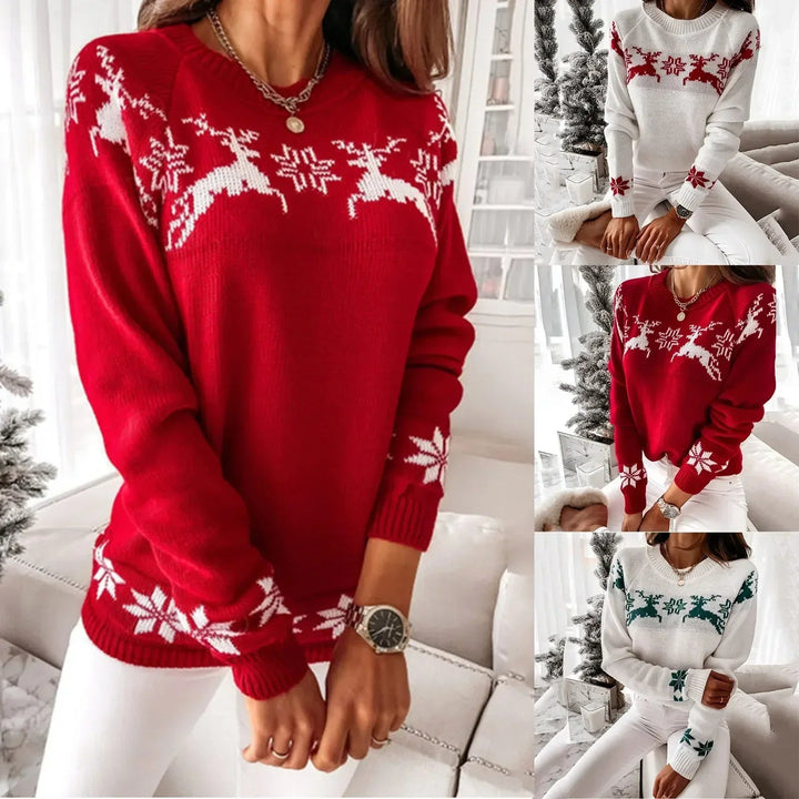 Women's Festive Christmas Sweater Reindeer Snowflake Crewneck Holiday Knit