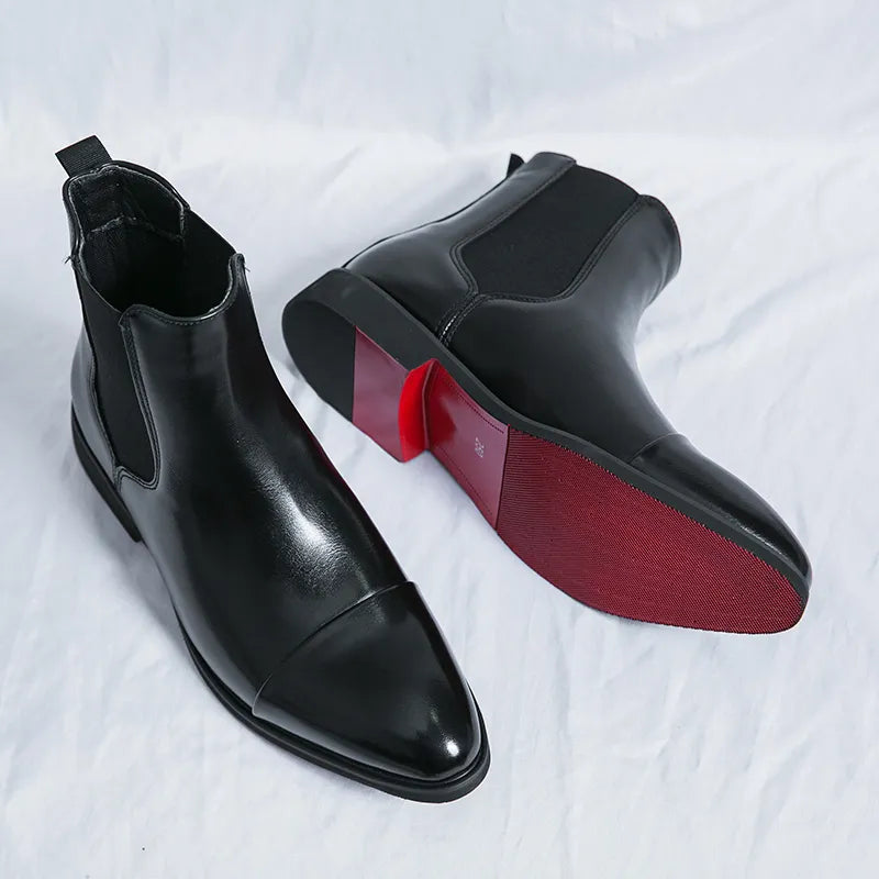 Men's Genuine Leather Chelsea Boots Cap-Toe Elastic Gore Ankle