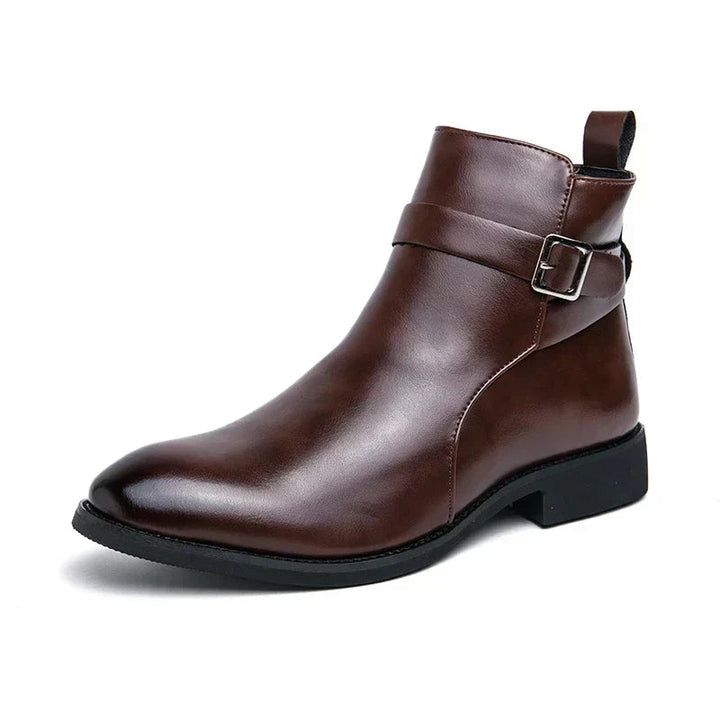 Men's Leather Chelsea Boots Buckle Strap Side-Zip Pointed-Toe Ankle