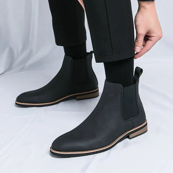 Men's Leather Chelsea Boots Elastic Gore Pointed-Toe Welt Ankle