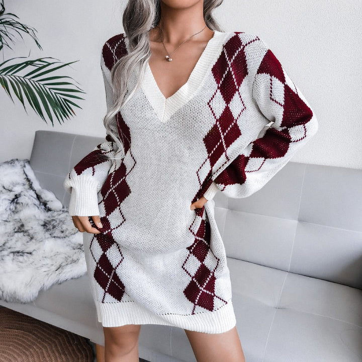 Women's Argyle Knit Sweater Dress V-Neck Long-Sleeve Relaxed Ribbed Mini