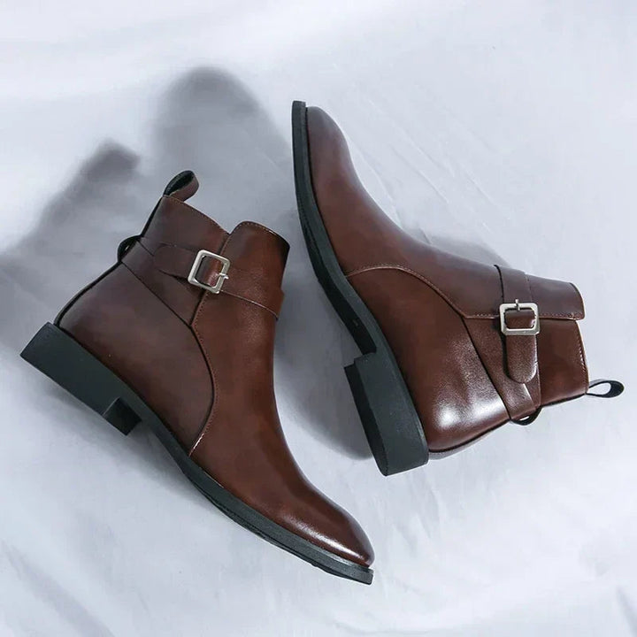 Men's Leather Chelsea Boots Buckle Strap Side-Zip Pointed-Toe Ankle