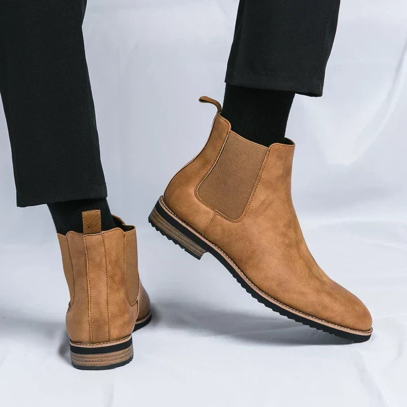 Men's Leather Chelsea Boots Elastic Gore Pointed-Toe Welt Ankle