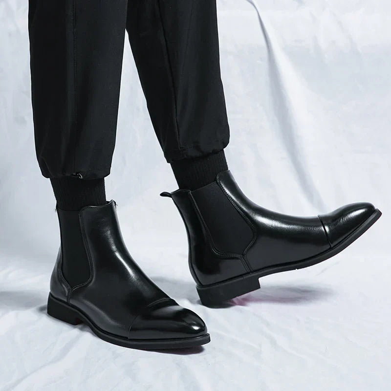 Men's Genuine Leather Chelsea Boots Cap-Toe Elastic Gore Ankle