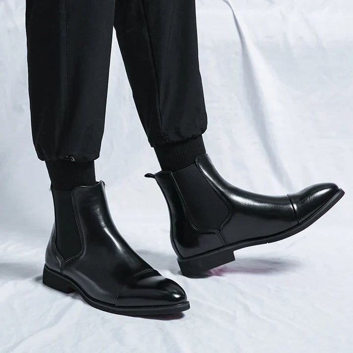 Men's Genuine Leather Chelsea Boots Cap-Toe Elastic Gore Ankle