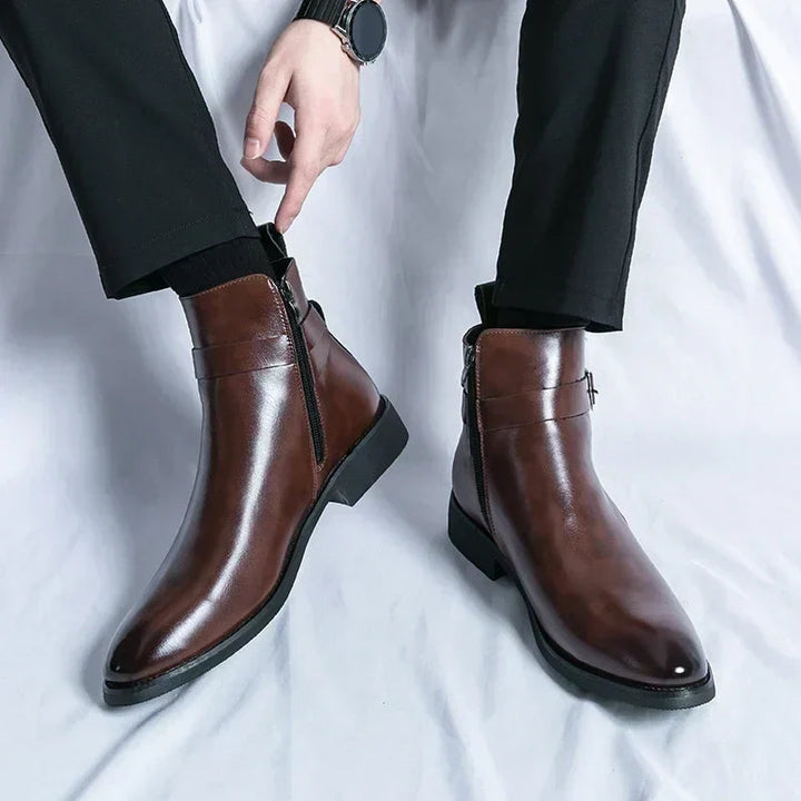 Men's Leather Chelsea Boots Buckle Strap Side-Zip Pointed-Toe Ankle