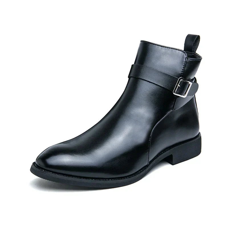 Men's Leather Chelsea Boots Buckle Strap Side-Zip Pointed-Toe Ankle