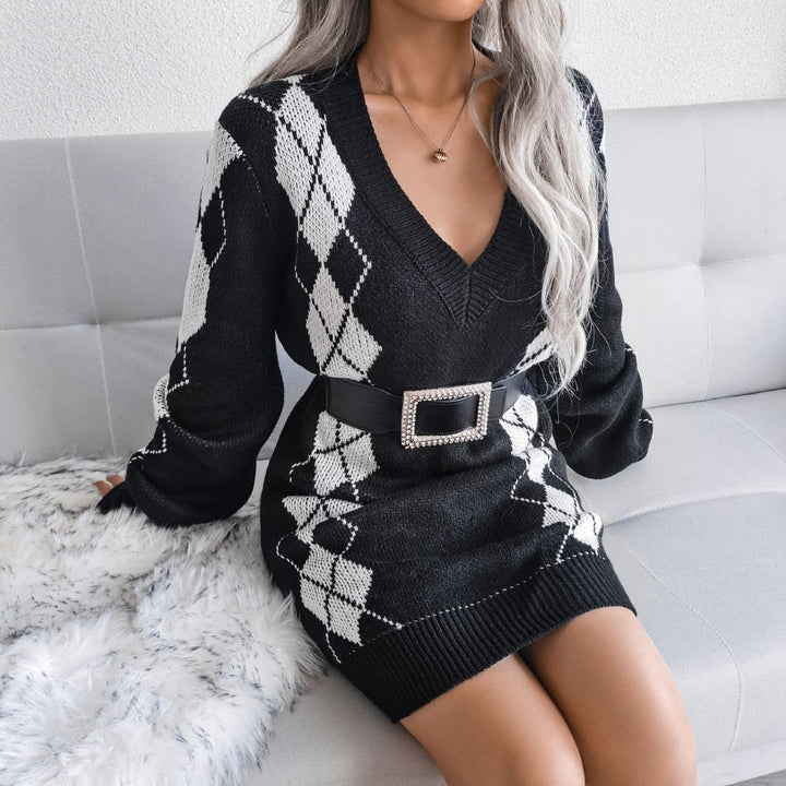 Women's Argyle Knit Sweater Dress V-Neck Long-Sleeve Relaxed Ribbed Mini