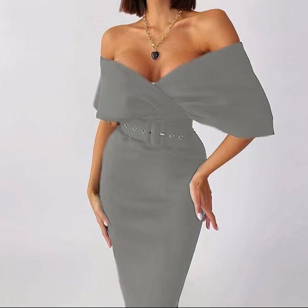 Women's Off-Shoulder Bodycon Midi Dress Belted Structured Wrap Cape-Sleeve Elegant