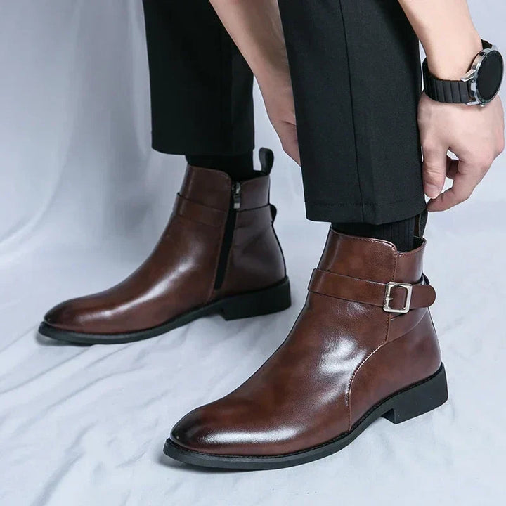 Men's Leather Chelsea Boots Buckle Strap Side-Zip Pointed-Toe Ankle