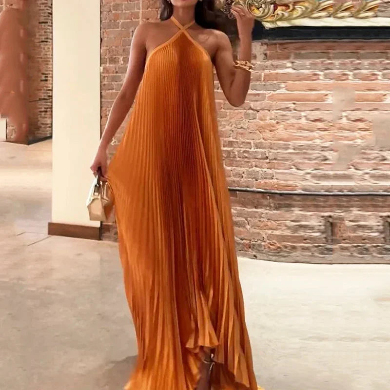 Women's Pleated Maxi Dress Halter Neck Flowy Sleeveless Elegant Orange
