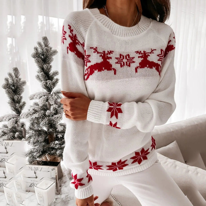 Women's Festive Christmas Sweater Reindeer Snowflake Crewneck Holiday Knit
