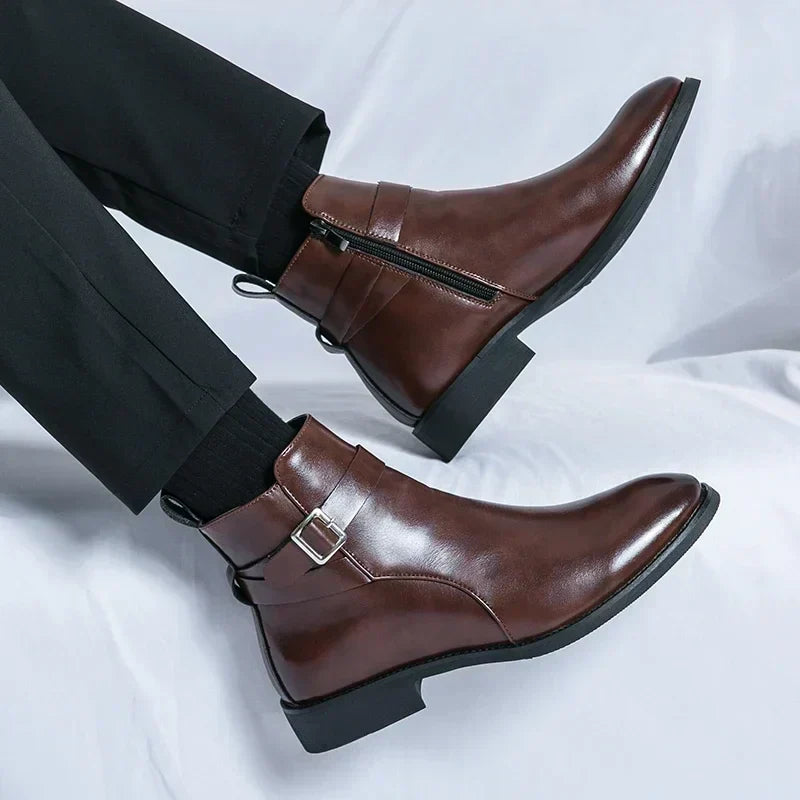 Men's Leather Chelsea Boots Buckle Strap Side-Zip Pointed-Toe Ankle