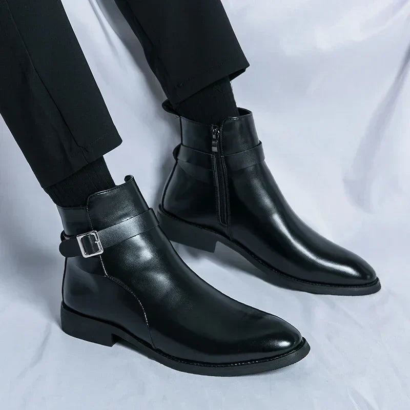 Men's Leather Chelsea Boots Buckle Strap Side-Zip Pointed-Toe Ankle