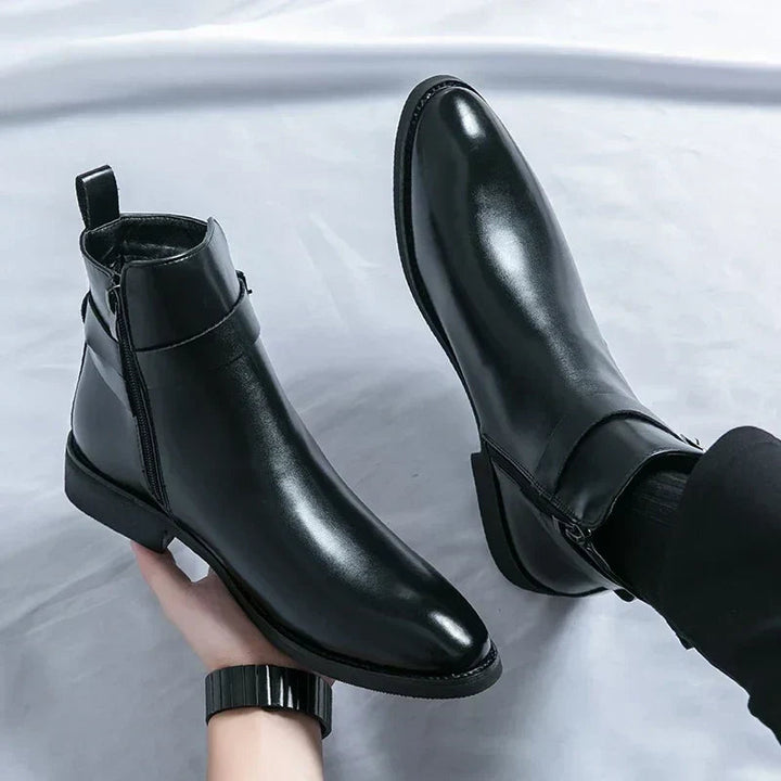 Men's Leather Chelsea Boots Buckle Strap Side-Zip Pointed-Toe Ankle