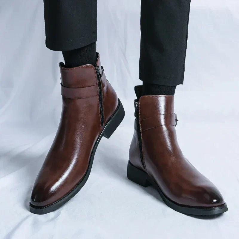 Men's Leather Chelsea Boots Buckle Strap Side-Zip Pointed-Toe Ankle