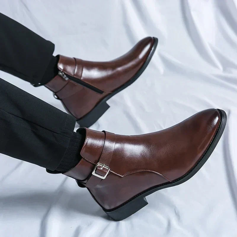 Men's Leather Chelsea Boots Buckle Strap Side-Zip Pointed-Toe Ankle