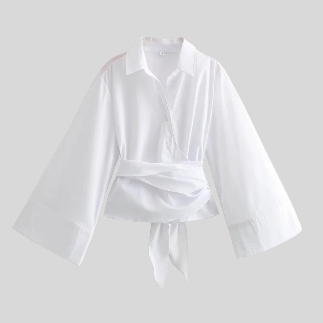 Women's Wrap Tie-Front Top Kimono Sleeve Collared Relaxed Blouse