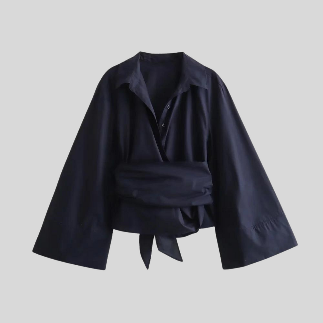 Women's Wrap Tie-Front Top Kimono Sleeve Collared Relaxed Blouse