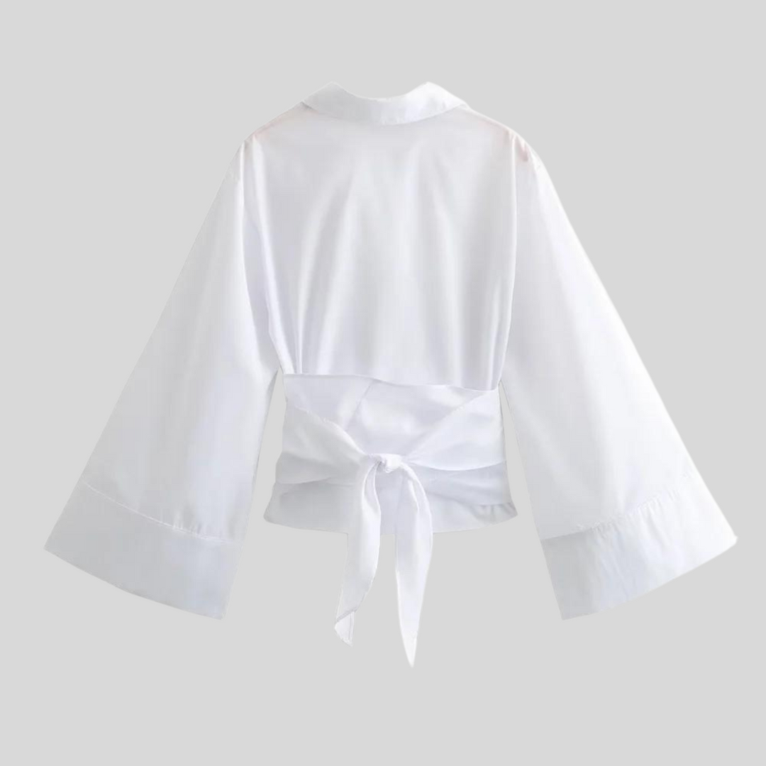 Women's Wrap Tie-Front Top Kimono Sleeve Collared Relaxed Blouse