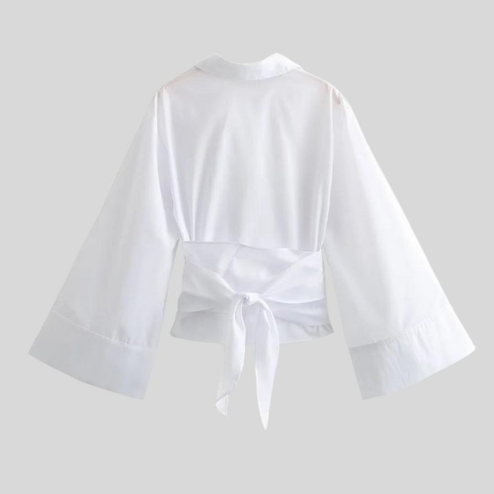Women's Wrap Tie-Front Top Kimono Sleeve Collared Relaxed Blouse