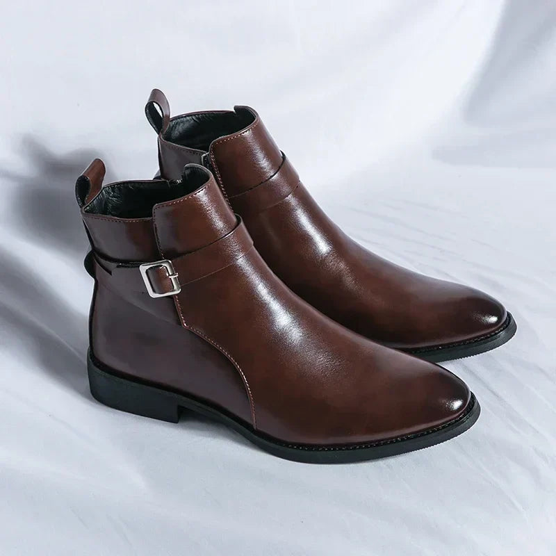 Men's Leather Chelsea Boots Buckle Strap Side-Zip Pointed-Toe Ankle