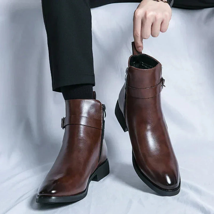Men's Leather Chelsea Boots Buckle Strap Side-Zip Pointed-Toe Ankle