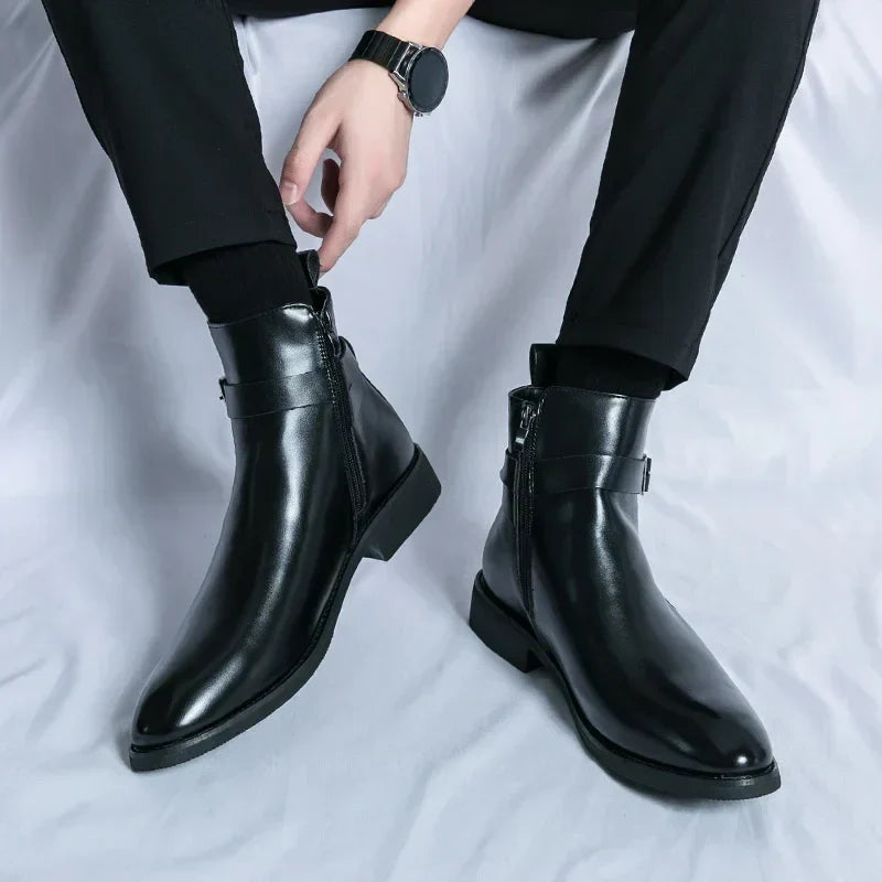Men's Leather Chelsea Boots Buckle Strap Side-Zip Pointed-Toe Ankle