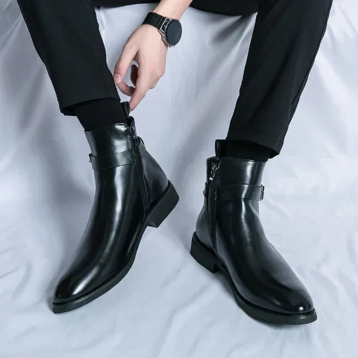 Men's Leather Chelsea Boots Buckle Strap Side-Zip Pointed-Toe Ankle