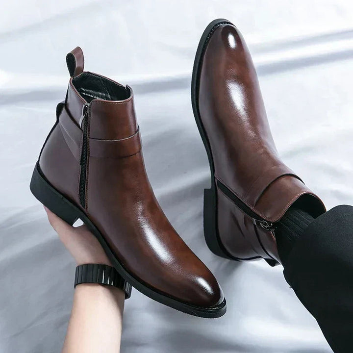 Men's Leather Chelsea Boots Buckle Strap Side-Zip Pointed-Toe Ankle