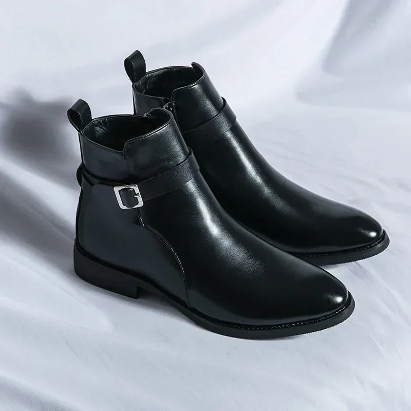 Men's Leather Chelsea Boots Buckle Strap Side-Zip Pointed-Toe Ankle