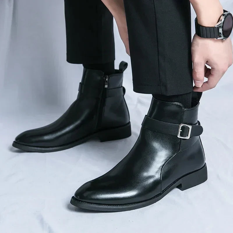 Men's Leather Chelsea Boots Buckle Strap Side-Zip Pointed-Toe Ankle