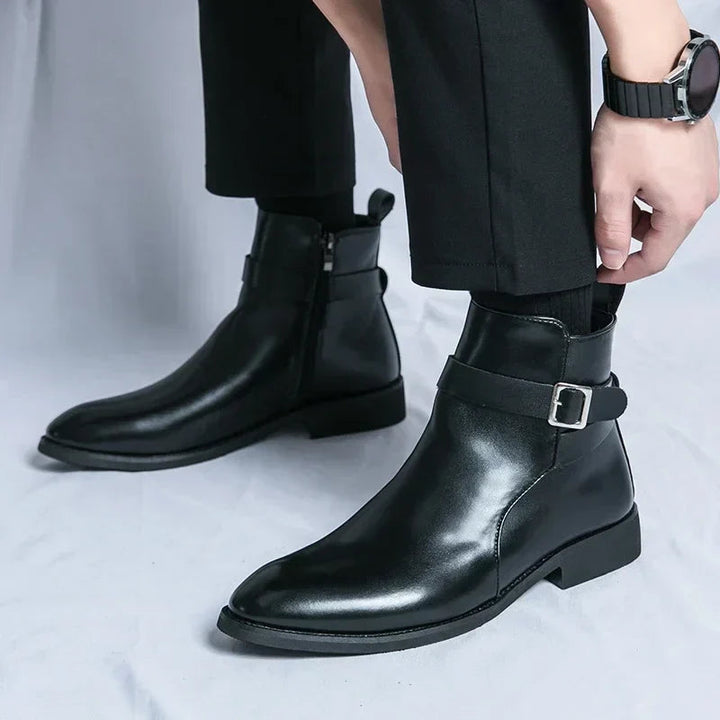 Men's Leather Chelsea Boots Buckle Strap Side-Zip Pointed-Toe Ankle