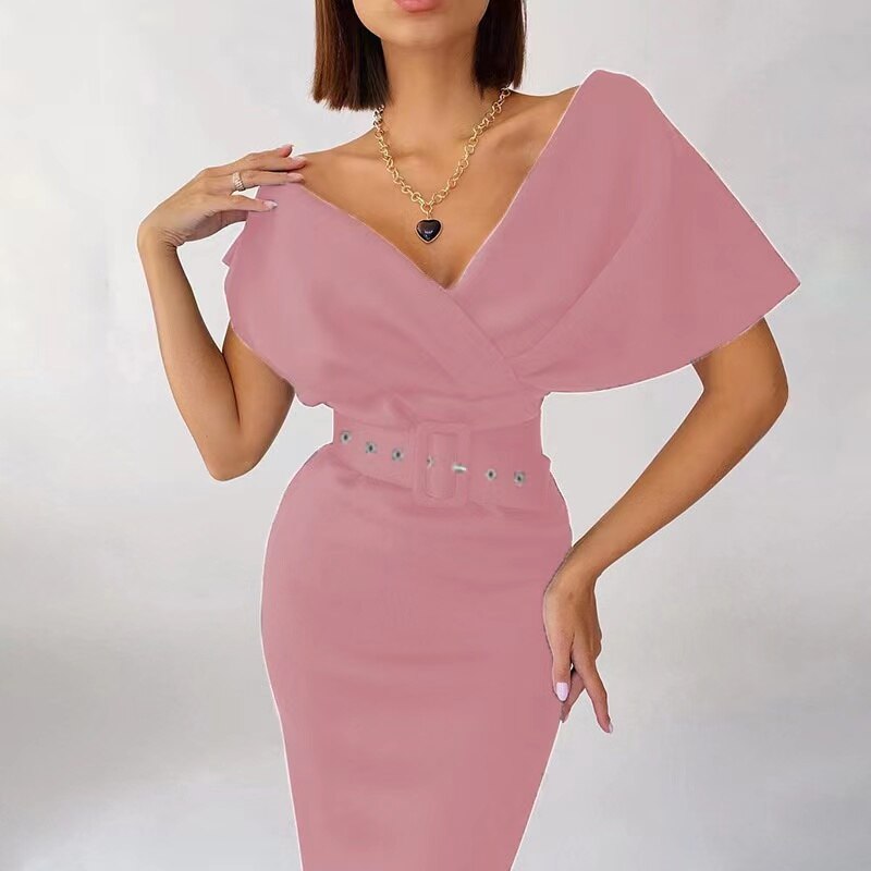 Women's Off-Shoulder Bodycon Midi Dress Belted Structured Wrap Cape-Sleeve Elegant
