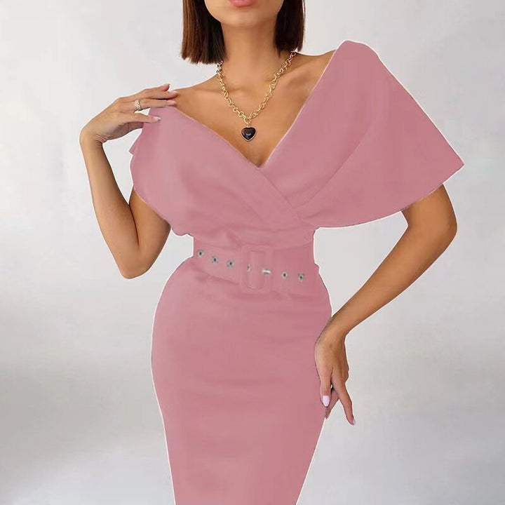 Women's Off-Shoulder Bodycon Midi Dress Belted Structured Wrap Cape-Sleeve Elegant