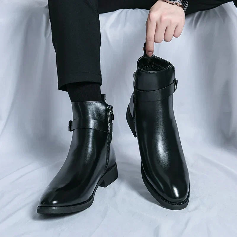 Men's Leather Chelsea Boots Buckle Strap Side-Zip Pointed-Toe Ankle