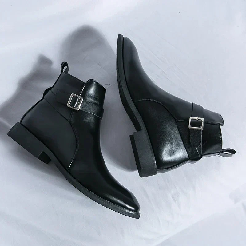 Men's Leather Chelsea Boots Buckle Strap Side-Zip Pointed-Toe Ankle