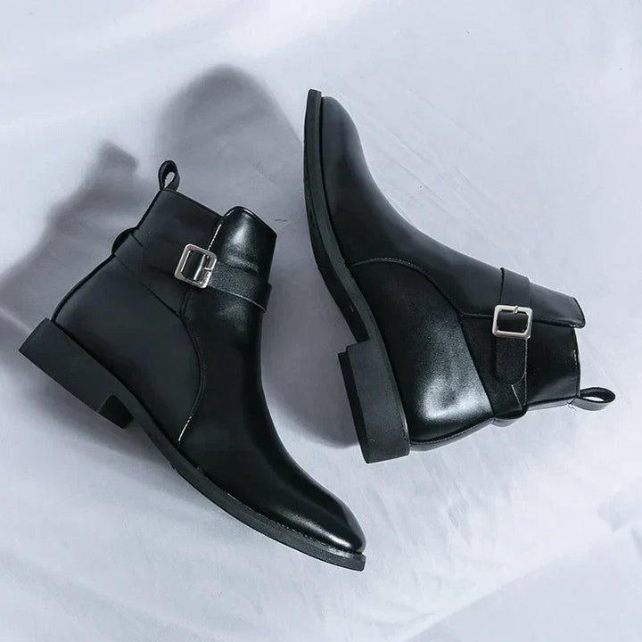 Men's Leather Chelsea Boots Buckle Strap Side-Zip Pointed-Toe Ankle