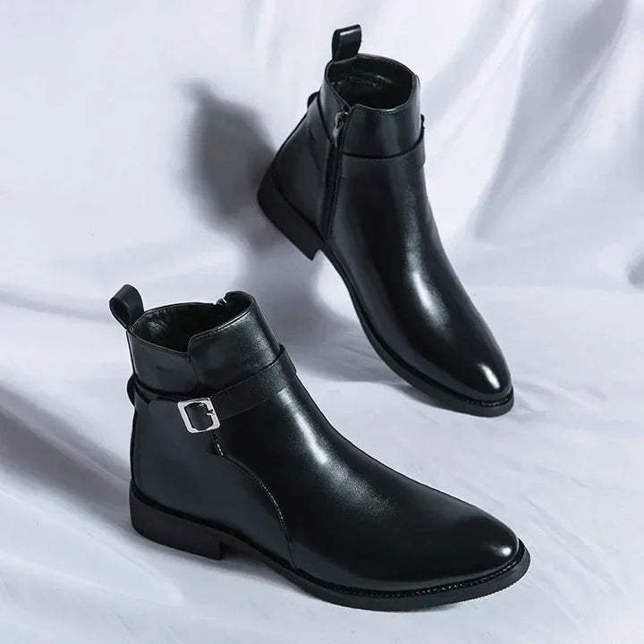 Men's Leather Chelsea Boots Buckle Strap Side-Zip Pointed-Toe Ankle