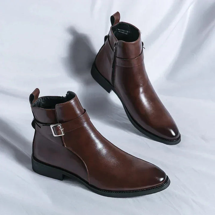 Men's Leather Chelsea Boots Buckle Strap Side-Zip Pointed-Toe Ankle