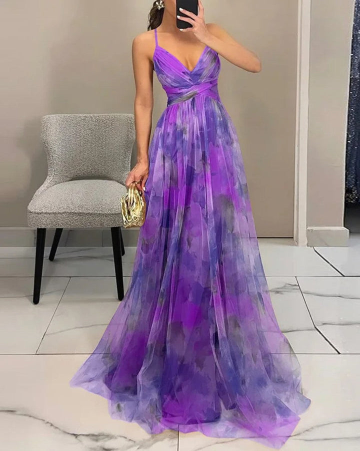 Women's Floral Tulle Maxi Dress V-Neck Spaghetti-Strap Flowy Elegant Summer