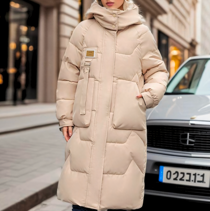 Women's Hooded Longline Quilted Puffer Coat Belted Buckle Winter Jacket