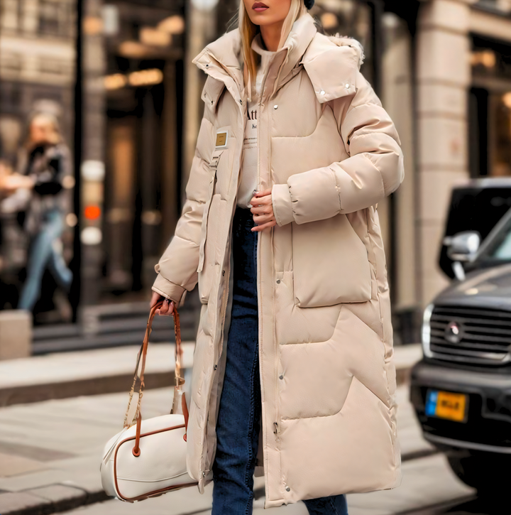 Women's Hooded Longline Quilted Puffer Coat Belted Buckle Winter Jacket