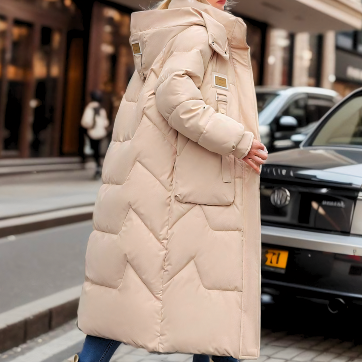 Women's Hooded Longline Quilted Puffer Coat Belted Buckle Winter Jacket
