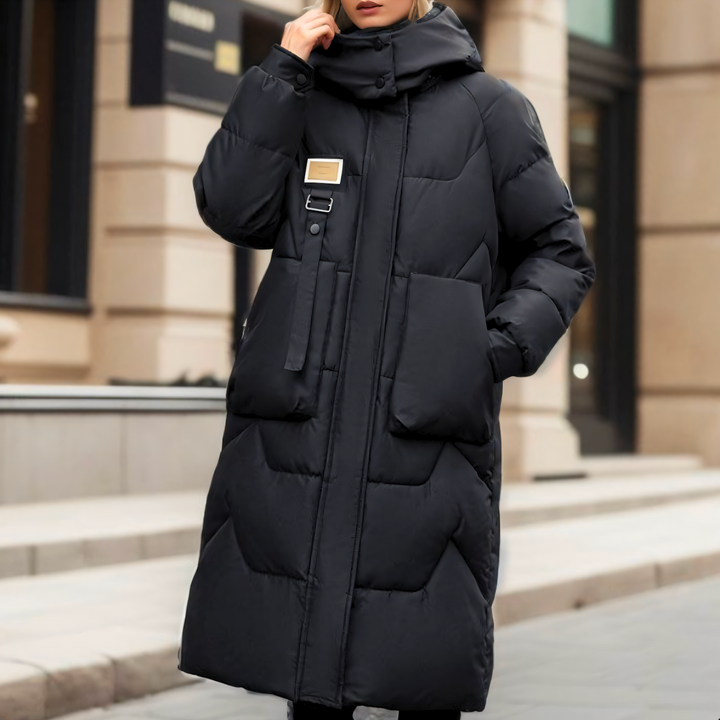 Women's Hooded Longline Quilted Puffer Coat Belted Buckle Winter Jacket