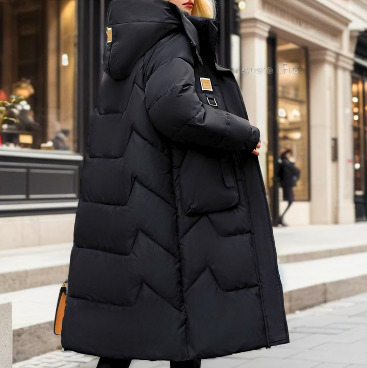 Women's Hooded Longline Quilted Puffer Coat Belted Buckle Winter Jacket