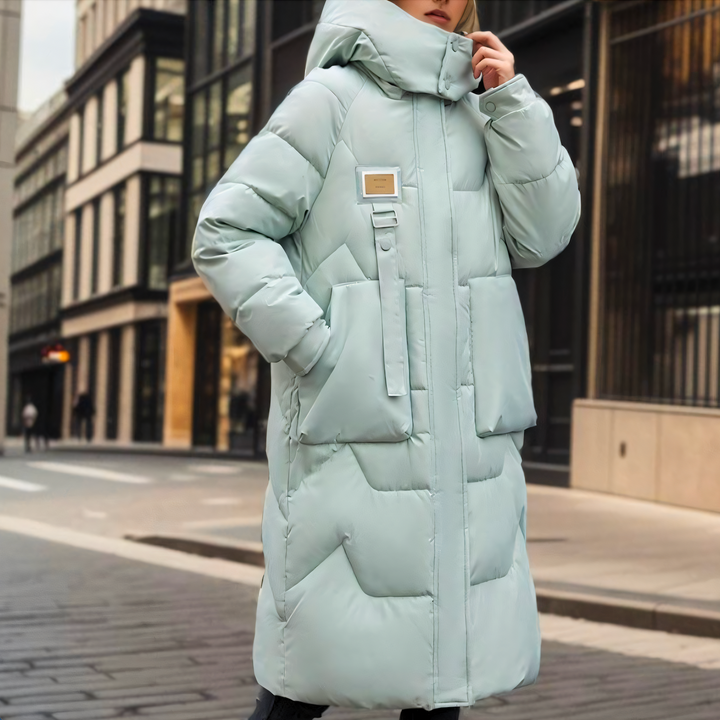 Women's Hooded Longline Quilted Puffer Coat Belted Buckle Winter Jacket