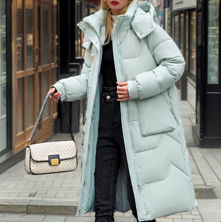 Women's Hooded Longline Quilted Puffer Coat Belted Buckle Winter Jacket